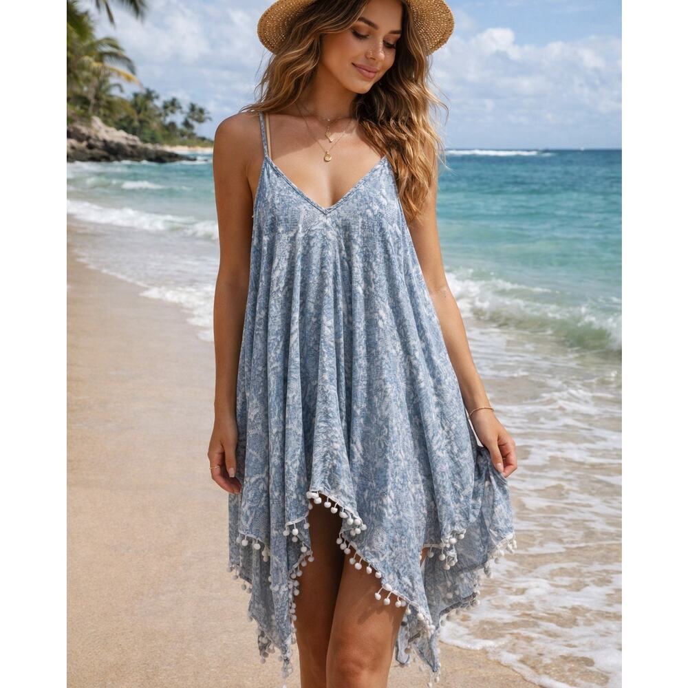 Goa Beachwear by Japna Boho Swim Cover Up Blue Pom Pom Hem Flowy Beach Dress XL